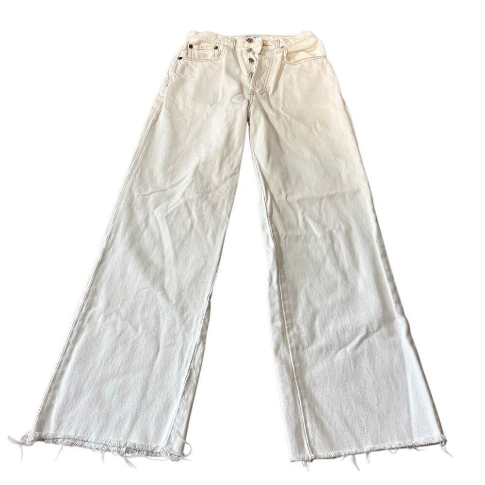 Re/done white high waisted button fly straight leg distressed hem jeans size 26 - Picture 2 of 8